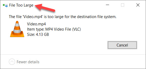 Why does it say file is too large for destination when the