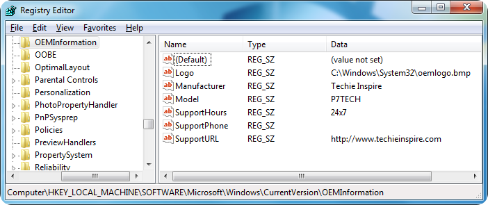 Customize OEM Info in windows 7 and vista