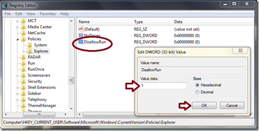 create disallowrun dword value to 1