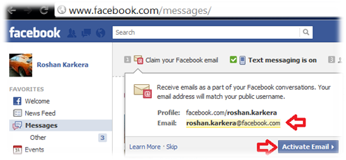 Activate facebook email id