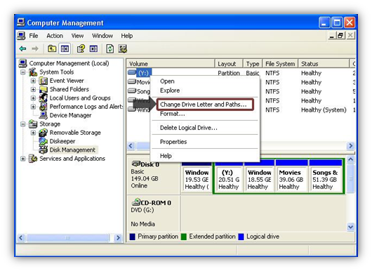 Change Drive Letter in Window XP