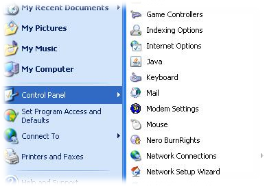 Control Panel Applets in Start Menu in Windows XP