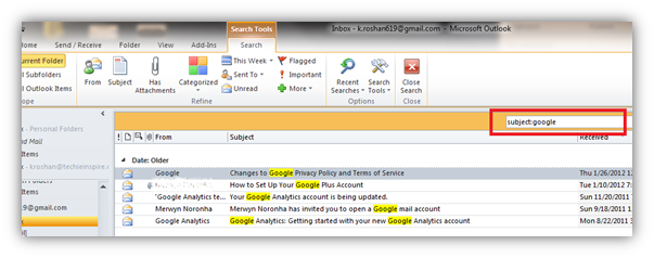 search mail using subject keyword