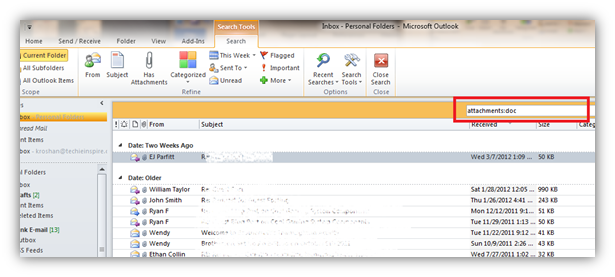 search mail on outlook using attachment format