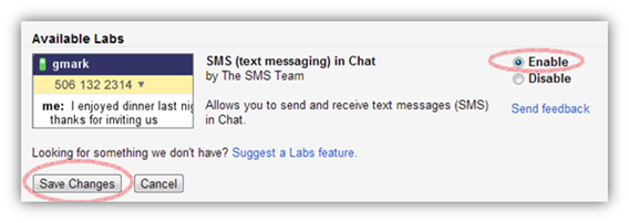 Enable SMS (text messaging) in Chat in Gmail Lab