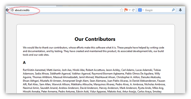 About:Credits Hidden Firefox Easter Eggs