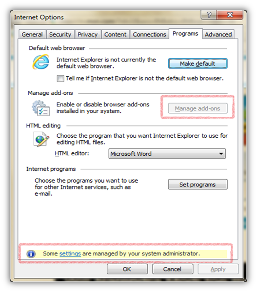IE Manage Add-on grayed out 