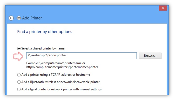 Manually add shared printer name