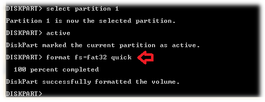 Type format fs=fat32 quick and press Enter