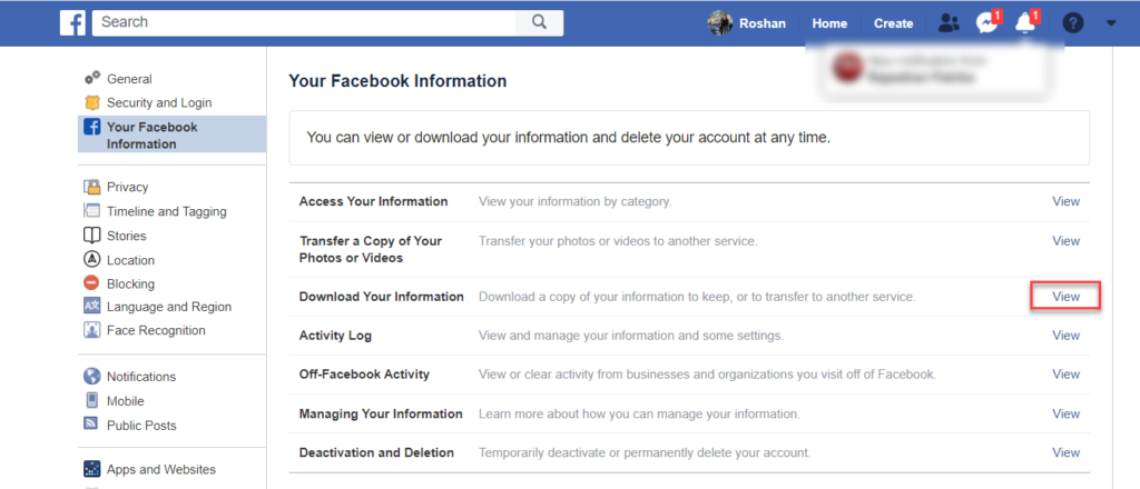 Facebook Setting Download Backup Screen