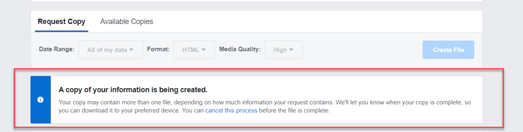 Facebook data backup confirmation message