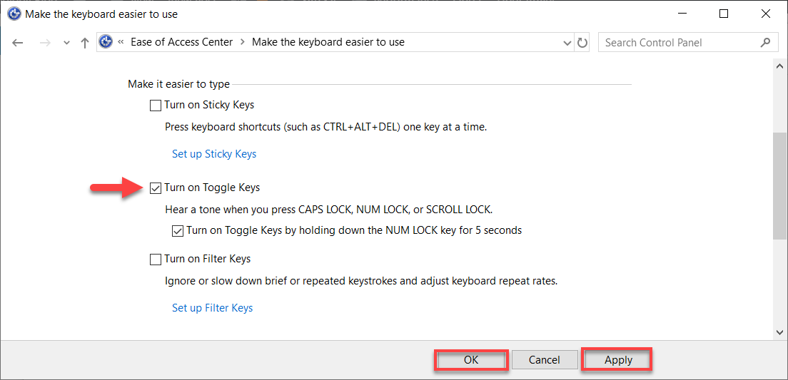 Control Panel Enable Toggle Keys on Windows 10