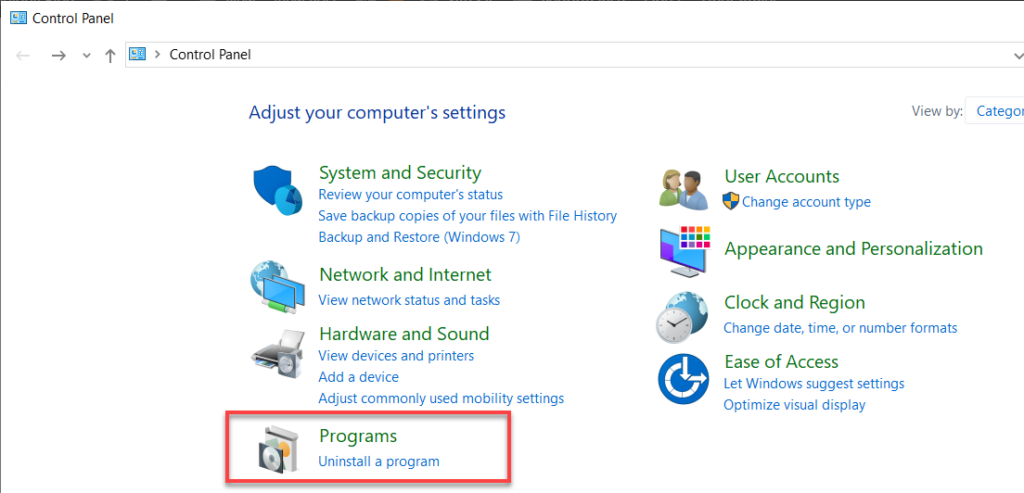 Select Programs Windows 10